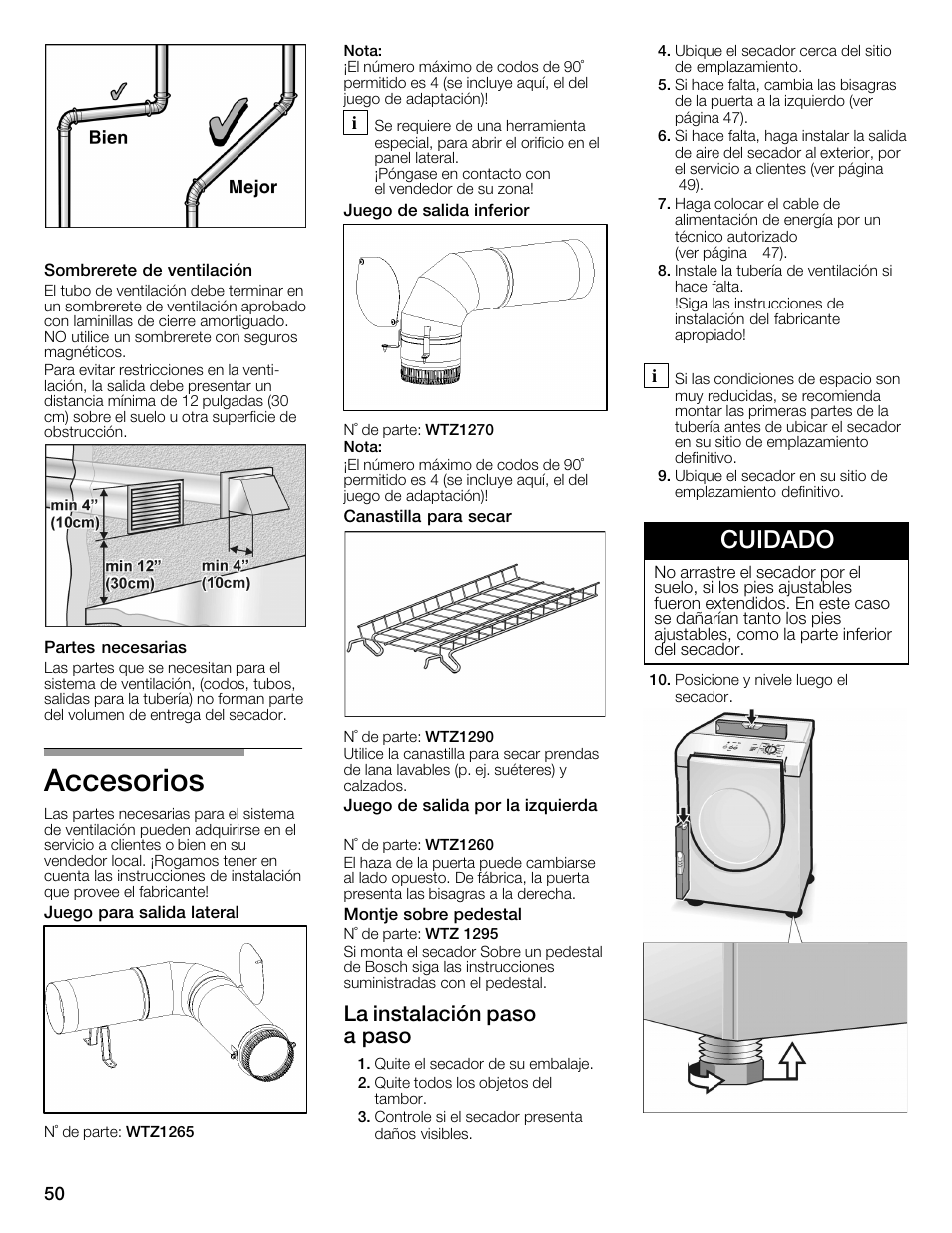 Accesorios, Cuidado, La instalación paso a paso | Bosch WTMC1301CN User Manual | Page 50 / 64