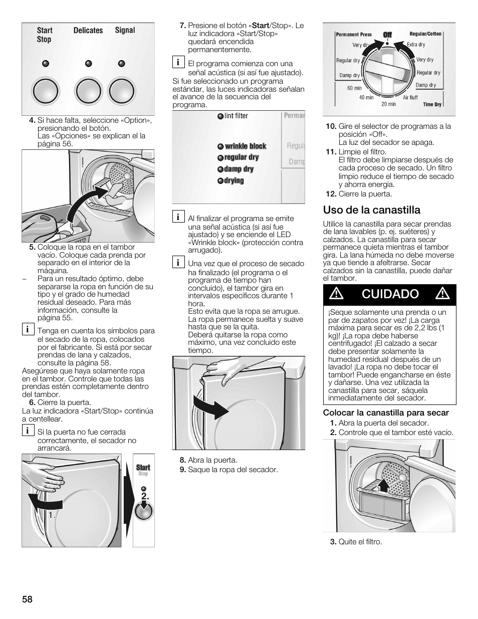 Cuidado, Uso de la canastilla | Bosch WTMC1301CN User Manual | Page 58 / 64