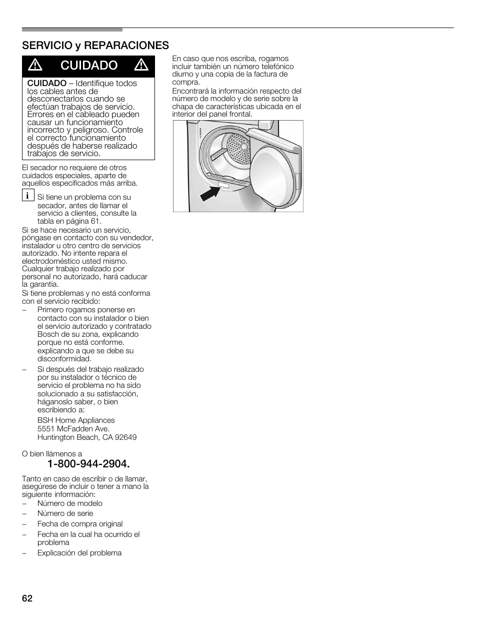 Cuidado, Servicio y reparaciones | Bosch WTMC1301CN User Manual | Page 62 / 64