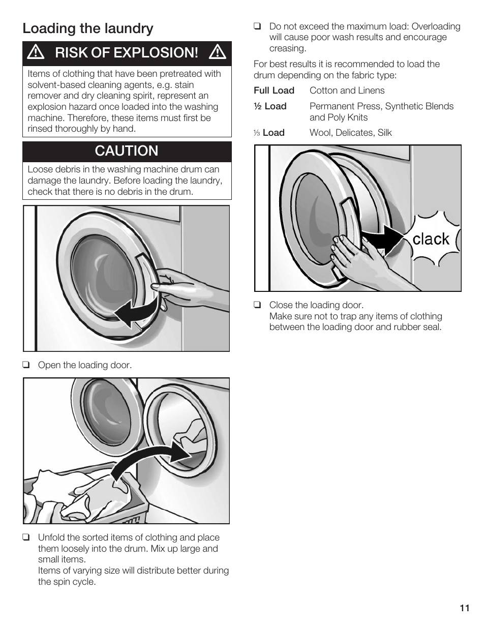 Loading the laundry, Risk of explosion, Caution | Bosch Axxis+ WFR 2460 User Manual | Page 11 / 48