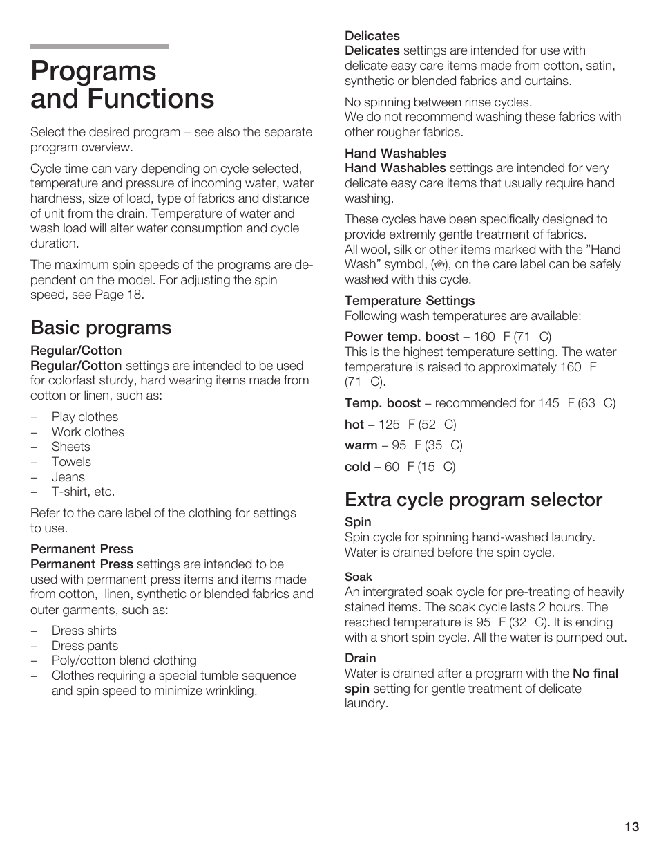 Programs and functions, Basic programs, Extra cycle program selector | Bosch Axxis+ WFR 2460 User Manual | Page 13 / 48