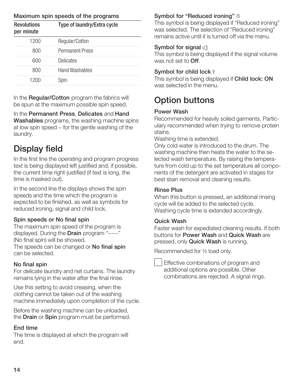 Display field, Option buttons | Bosch Axxis+ WFR 2460 User Manual | Page 14 / 48