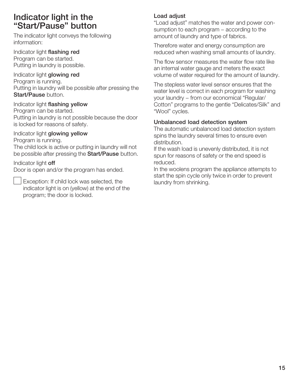 Indicator light in the start/pause" button | Bosch Axxis+ WFR 2460 User Manual | Page 15 / 48