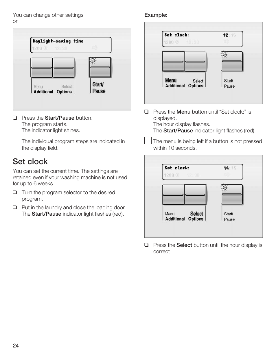 Set clock | Bosch Axxis+ WFR 2460 User Manual | Page 24 / 48