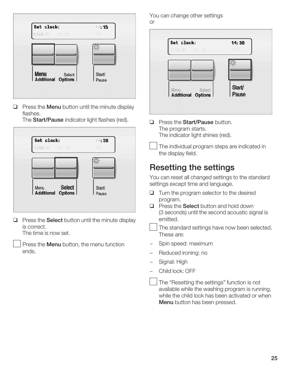 Resetting the settings | Bosch Axxis+ WFR 2460 User Manual | Page 25 / 48