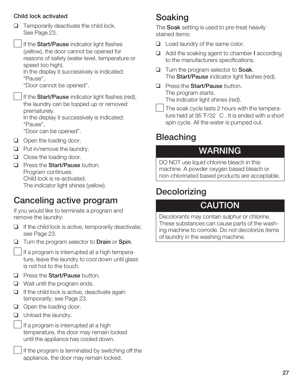 Canceling active program, Soaking, Bleaching warning | Decolorizing caution | Bosch Axxis+ WFR 2460 User Manual | Page 27 / 48