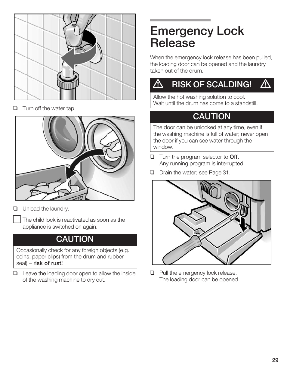 Emergency lock release, Caution, Risk of scalding | Bosch Axxis+ WFR 2460 User Manual | Page 29 / 48