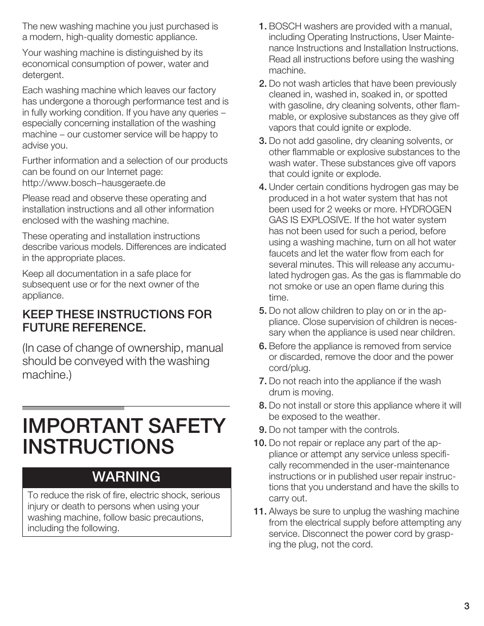 Important safety instructions, Warning | Bosch Axxis+ WFR 2460 User Manual | Page 3 / 48