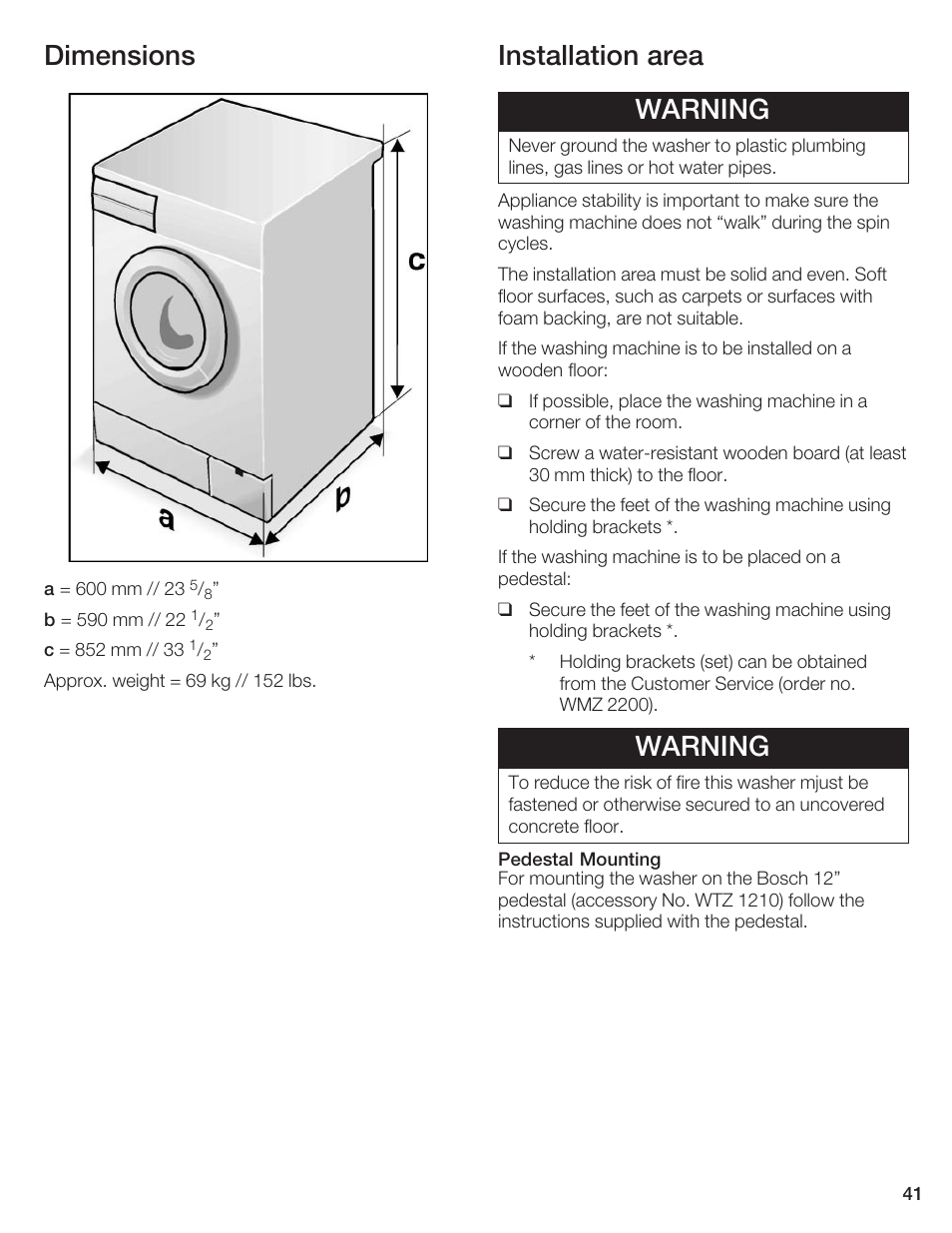 Dimensions, Installation area warning, Warning | Bosch Axxis+ WFR 2460 User Manual | Page 41 / 48