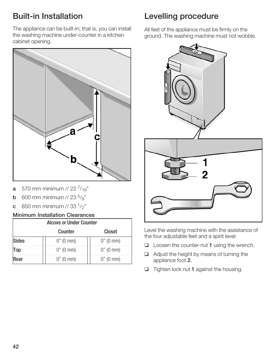 Builtćin installation, Levelling procedure | Bosch Axxis+ WFR 2460 User Manual | Page 42 / 48