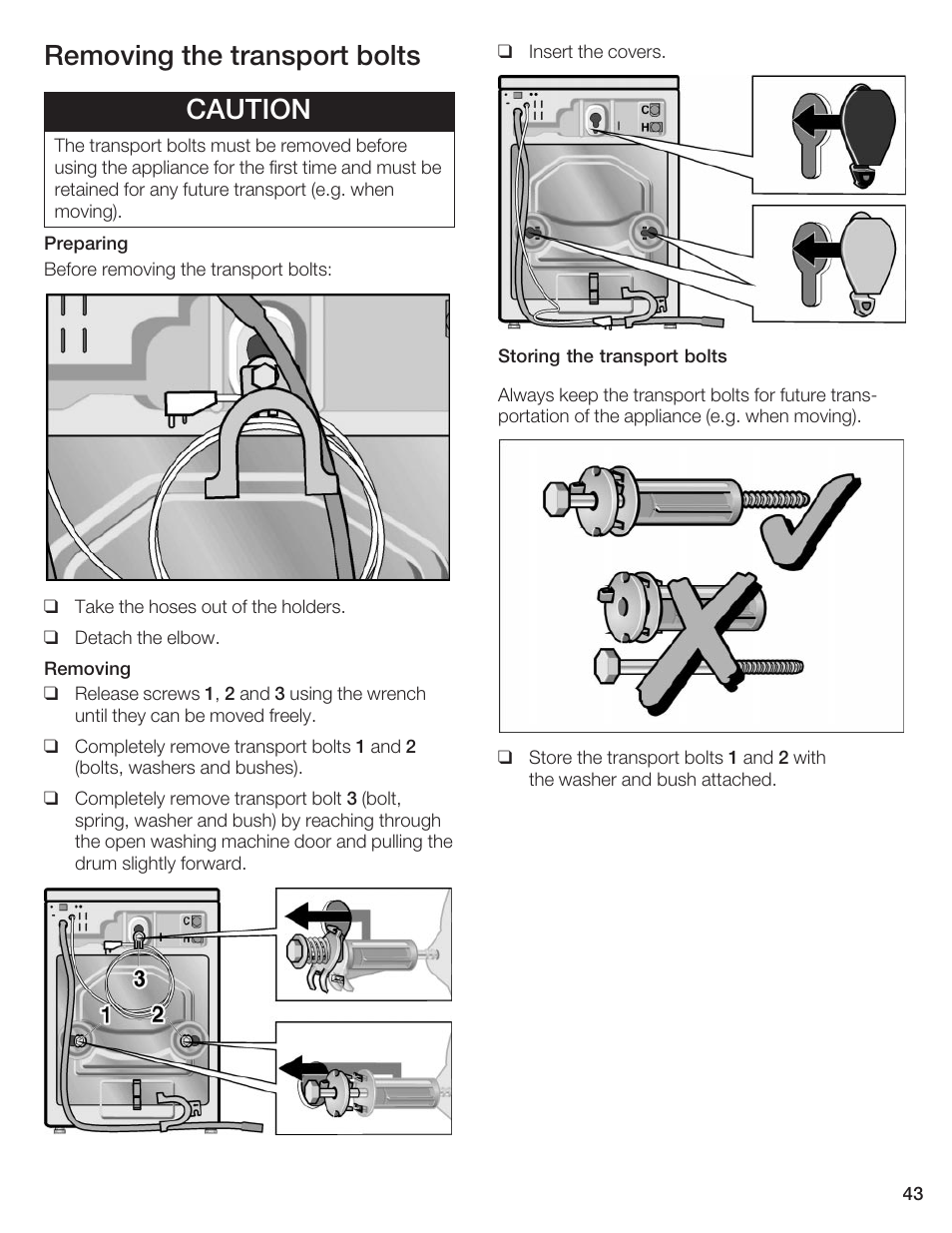 Removing the transport bolts caution | Bosch Axxis+ WFR 2460 User Manual | Page 43 / 48