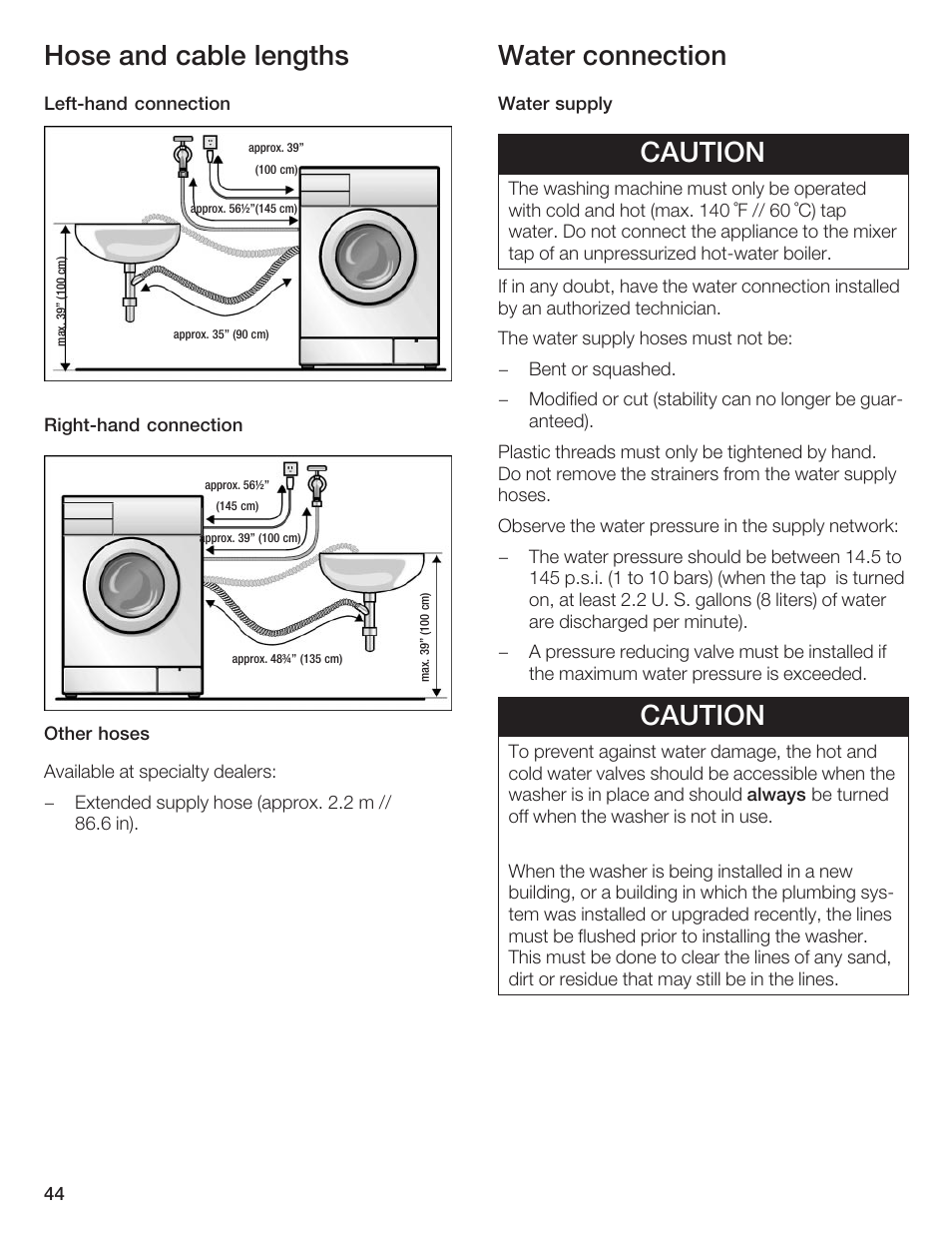 Hose and cable lengths, Water connection, Caution | Bosch Axxis+ WFR 2460 User Manual | Page 44 / 48