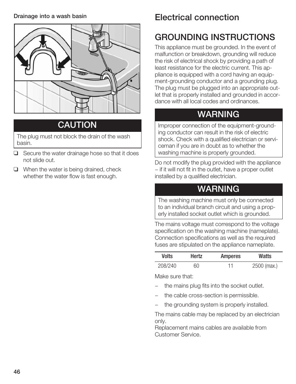 Caution, Electrical connection grounding instructions, Warning | Bosch Axxis+ WFR 2460 User Manual | Page 46 / 48