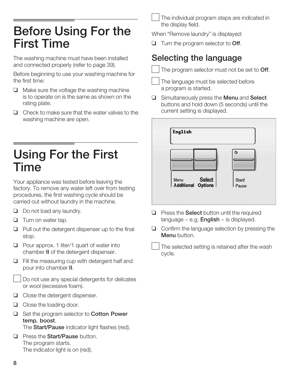 Before using for the first time, Using for the first time, Selecting the language | Bosch Axxis+ WFR 2460 User Manual | Page 8 / 48