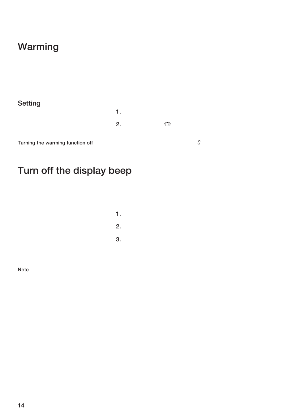 Warming, Turn off the display beep, Setting | Bosch ET 74 User Manual | Page 14 / 56