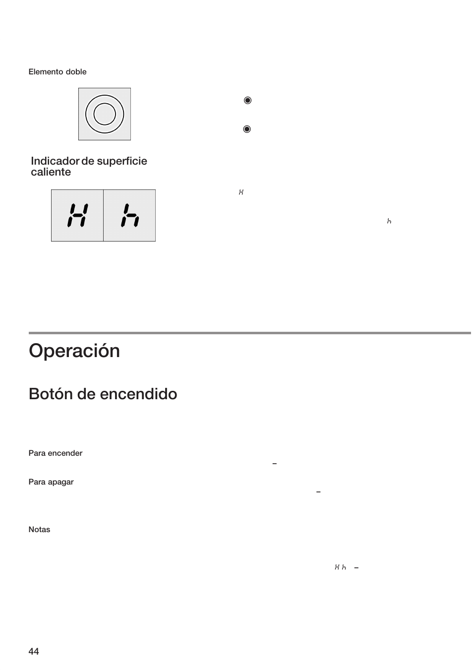 Operación, Botón de encendido, Indicador de superficie caliente | Bosch ET 74 User Manual | Page 44 / 56