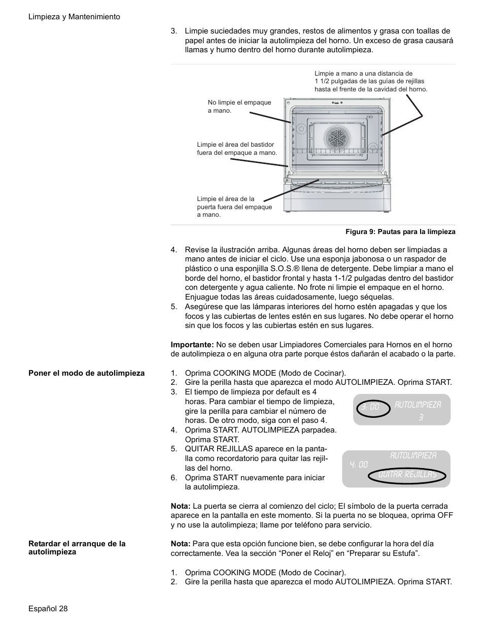 Figura 9: pautas para la limpieza, Poner el modo de autolimpieza, Oprima cooking mode (modo de cocinar) | Oprima start. autolimpieza parpadea. oprima start, Quitar rejillas, Retardar el arranque de la autolimpieza | Bosch BOSCH GAS RANGE User Manual | Page 100 / 112