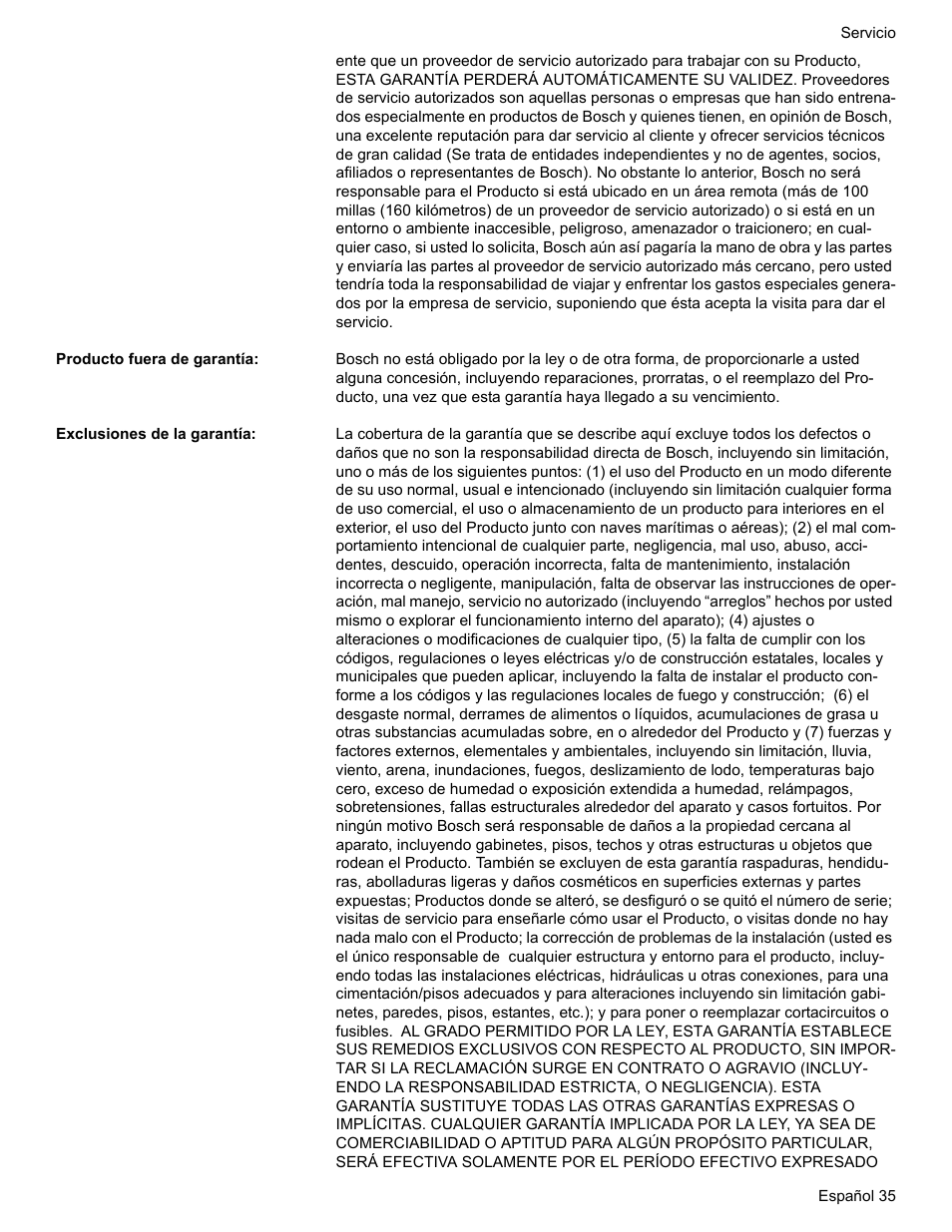 Producto fuera de garantía, Exclusiones de la garantía | Bosch BOSCH GAS RANGE User Manual | Page 107 / 112