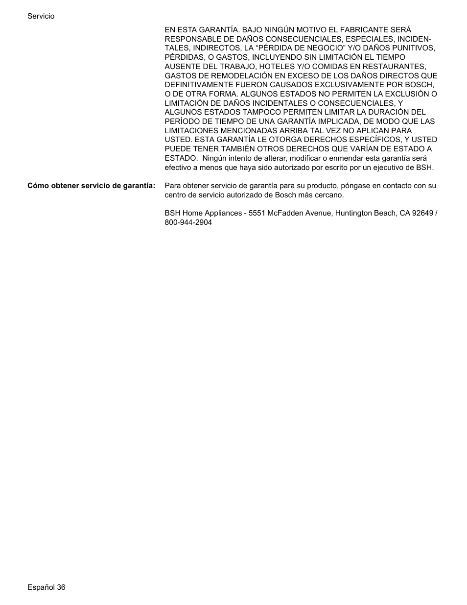 Cómo obtener servicio de garantía | Bosch BOSCH GAS RANGE User Manual | Page 108 / 112