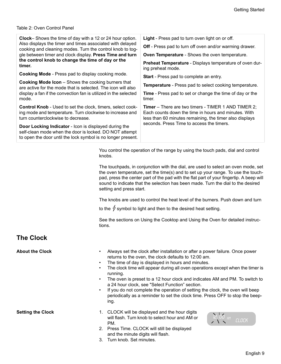 Table 2: oven control panel, The clock, About the clock | Setting the clock, Clock, Turn knob. set minutes | Bosch BOSCH GAS RANGE User Manual | Page 11 / 112