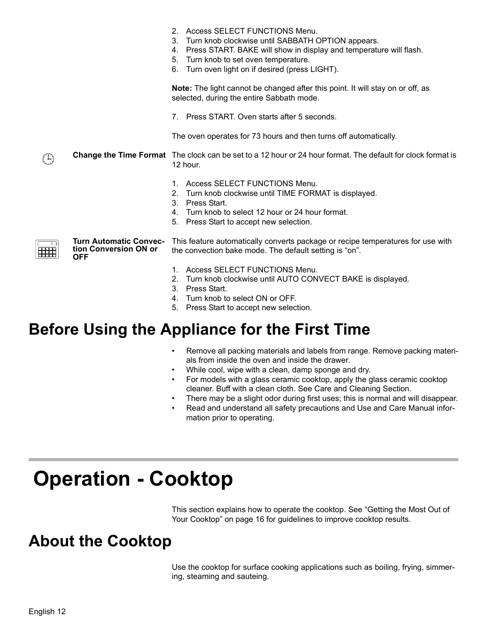 Access select functions menu, Turn knob clockwise until sabbath option appears, Turn knob to set oven temperature | Turn oven light on if desired (press light), Press start. oven starts after 5 seconds, Change the time format, Turn knob clockwise until time format is displayed, Press start, Turn knob to select 12 hour or 24 hour format, Press start to accept new selection | Bosch BOSCH GAS RANGE User Manual | Page 14 / 112