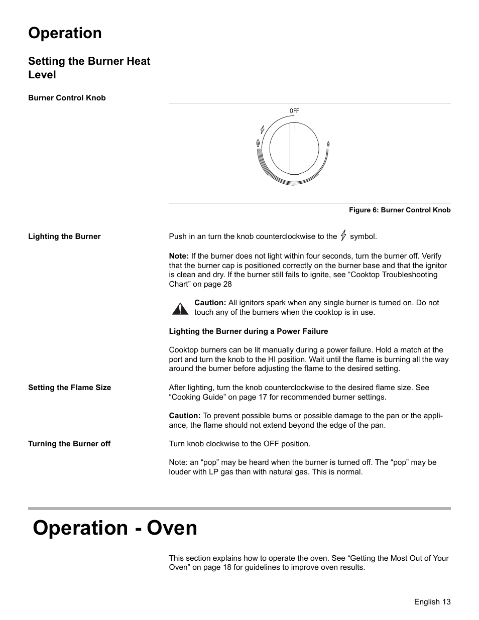 Operation, Setting the burner heat level, Burner control knob | Figure 6: burner control knob, Lighting the burner, Setting the flame size, Turning the burner off, Operation - oven | Bosch BOSCH GAS RANGE User Manual | Page 15 / 112