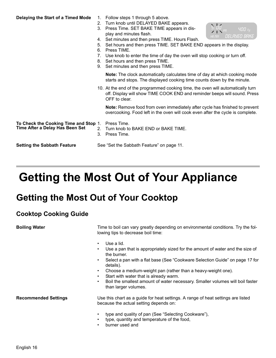 Delaying the start of a timed mode, Follow steps 1 through 5 above, Turn knob until delayed bake appears | Delayed bake, Set minutes and then press time. hours flash, Press time, Set hours and then press time, Set minutes and then press time, Turn knob to bake end or bake time, Setting the sabbath feature | Bosch BOSCH GAS RANGE User Manual | Page 18 / 112