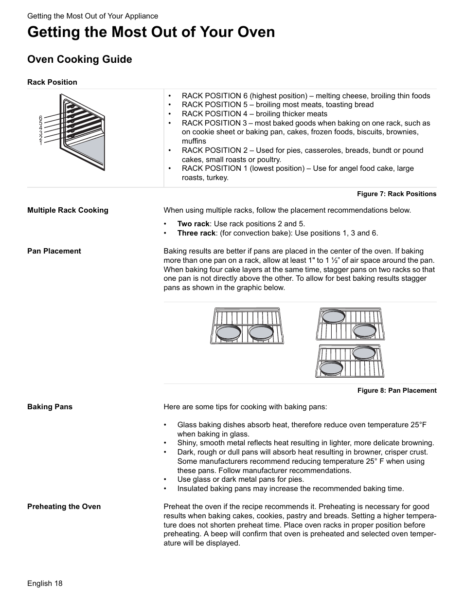 Getting the most out of your oven, Oven cooking guide, Rack position | Figure 7: rack positions, Multiple rack cooking, Pan placement, Figure 8: pan placement, Baking pans, Preheating the oven | Bosch BOSCH GAS RANGE User Manual | Page 20 / 112