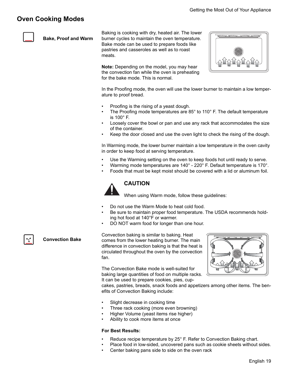 Oven cooking modes, Bake, proof and warm, Convection bake | Bosch BOSCH GAS RANGE User Manual | Page 21 / 112