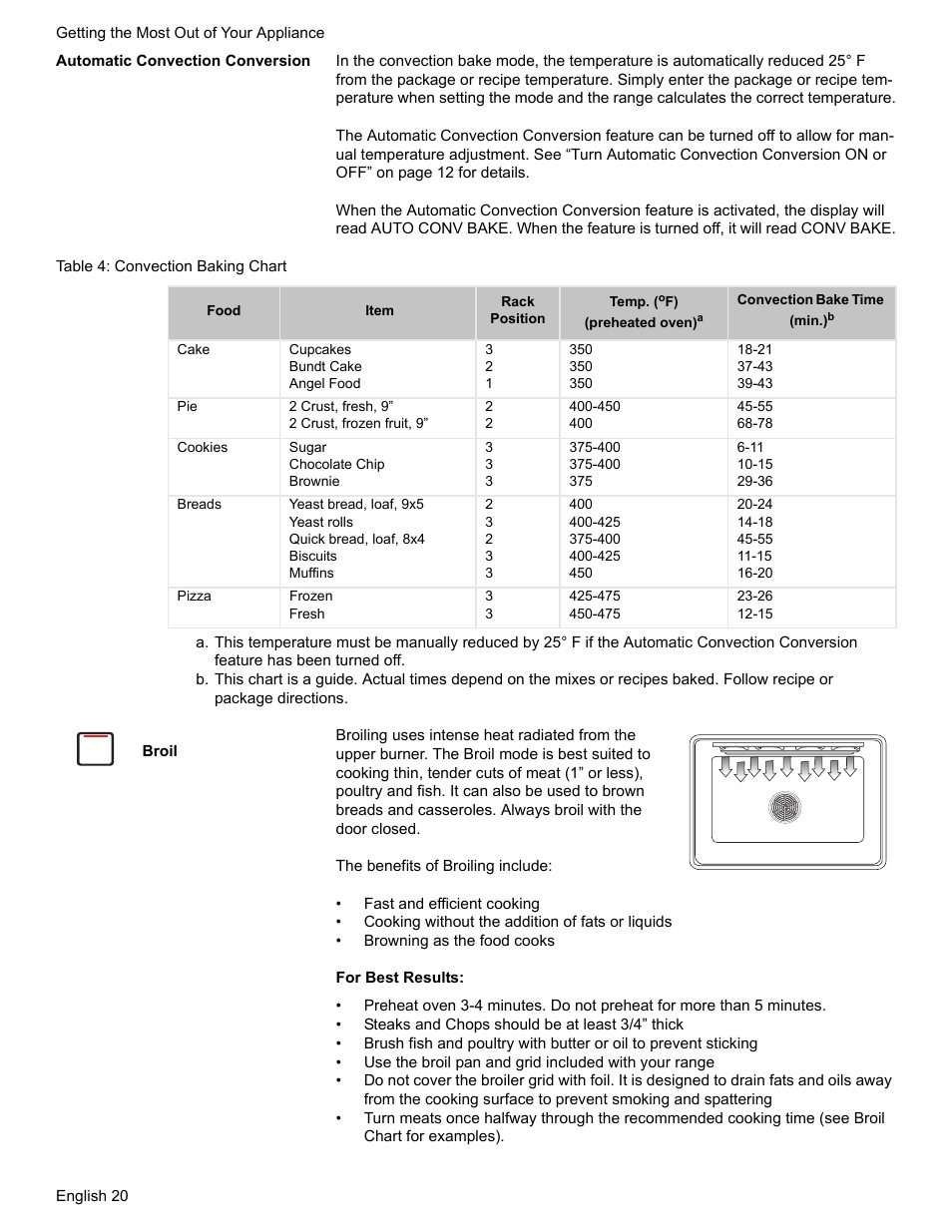 Automatic convection conversion, Table 4: convection baking chart, Broil | Bosch BOSCH GAS RANGE User Manual | Page 22 / 112