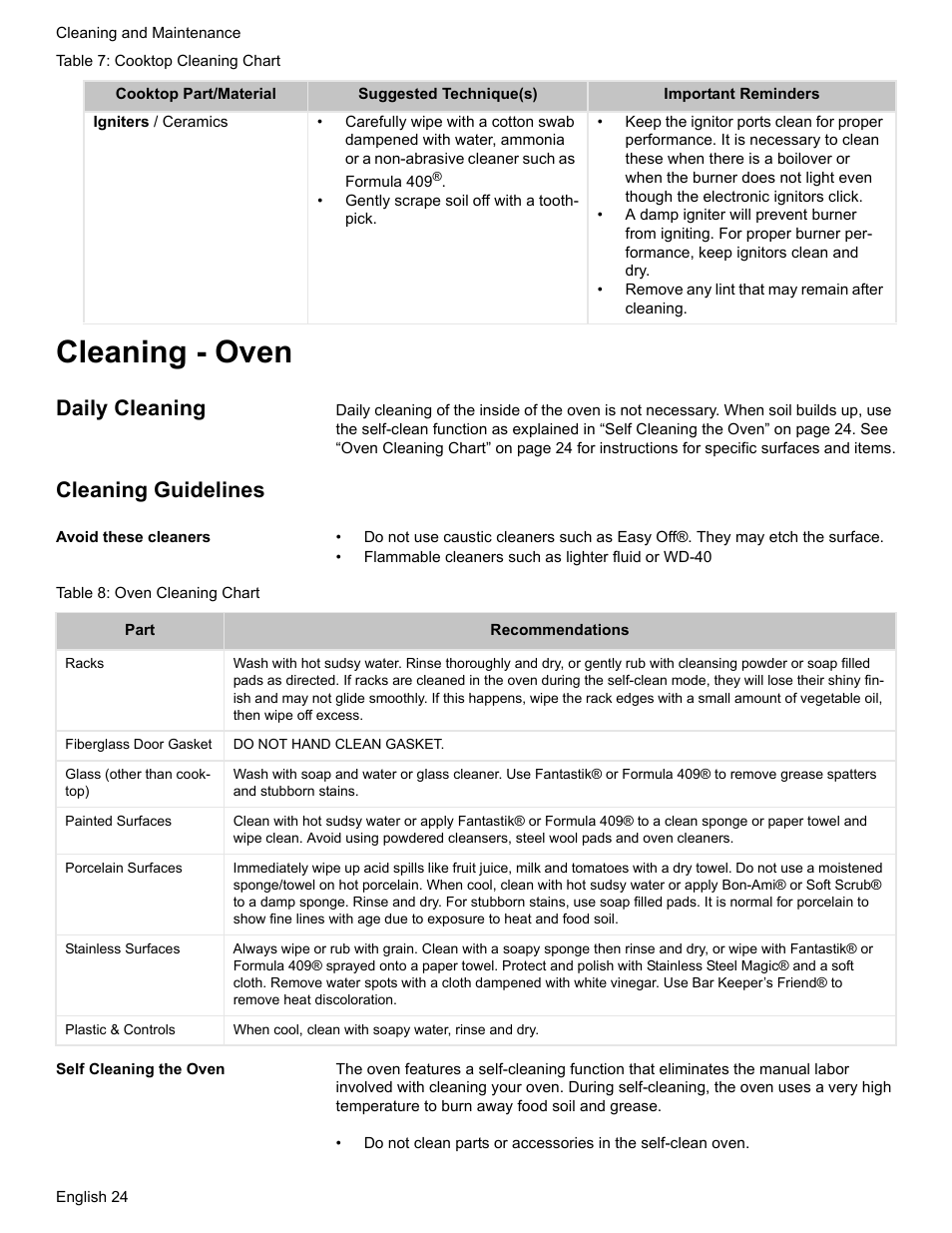 Cleaning - oven, Daily cleaning, Cleaning guidelines | Avoid these cleaners, Table 8: oven cleaning chart, Self cleaning the oven | Bosch BOSCH GAS RANGE User Manual | Page 26 / 112