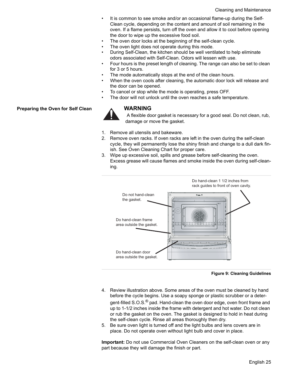 Preparing the oven for self clean, Remove all utensils and bakeware, Figure 9: cleaning guidelines | Bosch BOSCH GAS RANGE User Manual | Page 27 / 112