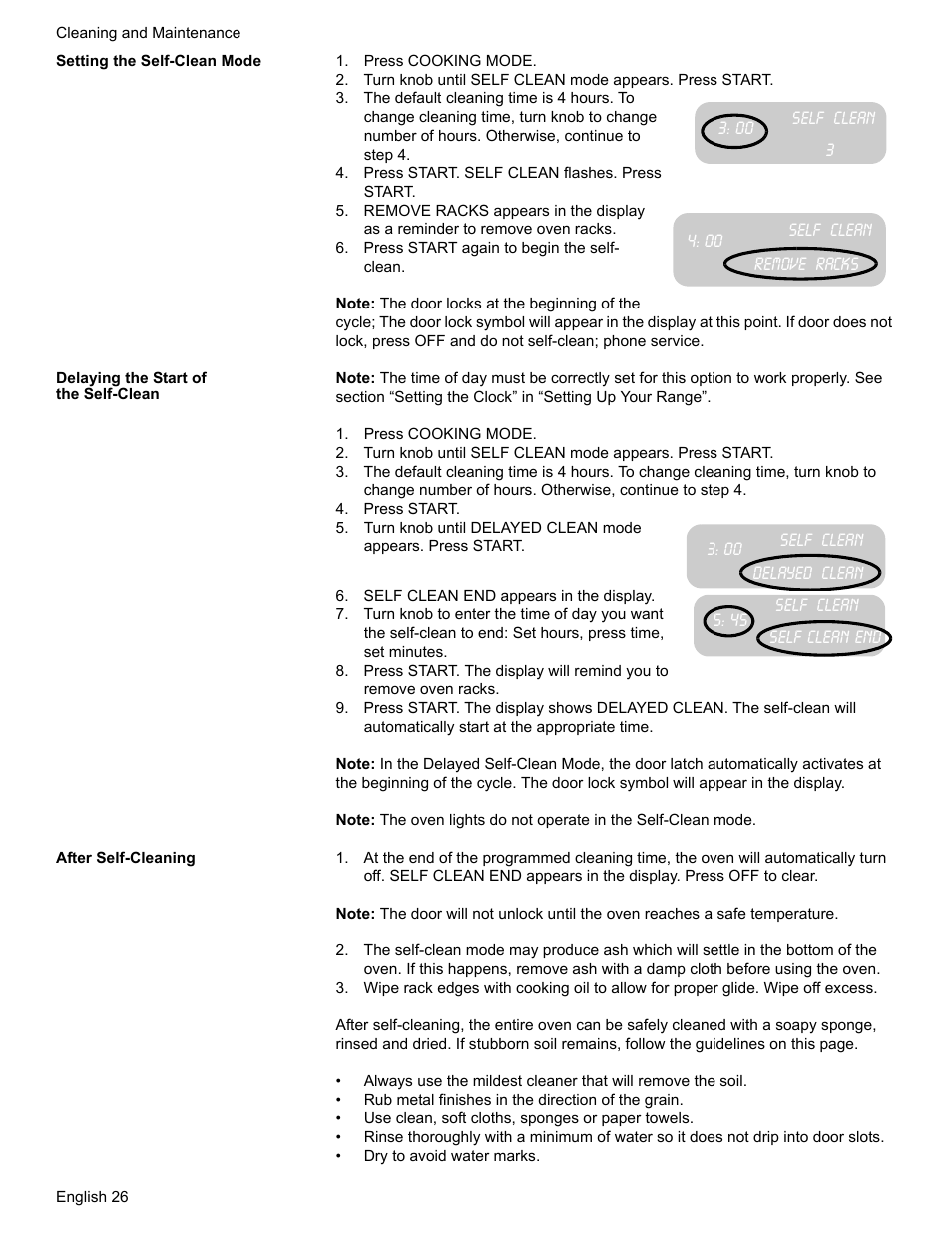 Setting the self-clean mode, Press cooking mode, Press start. self clean flashes. press start | Remove racks, Press start again to begin the self- clean, Delaying the start of the self-clean, Press start, Self clean end appears in the display, After self-cleaning | Bosch BOSCH GAS RANGE User Manual | Page 28 / 112