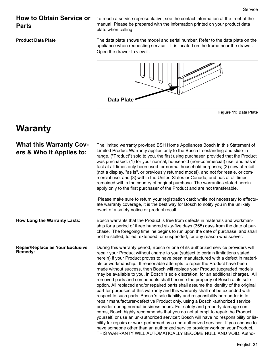 How to obtain service or parts, Product data plate, Figure 11: data plate | Waranty, What this warranty covers & who it applies to, How long the warranty lasts, Repair/replace as your exclusive remedy, What this warranty cov- ers & who it applies to | Bosch BOSCH GAS RANGE User Manual | Page 33 / 112