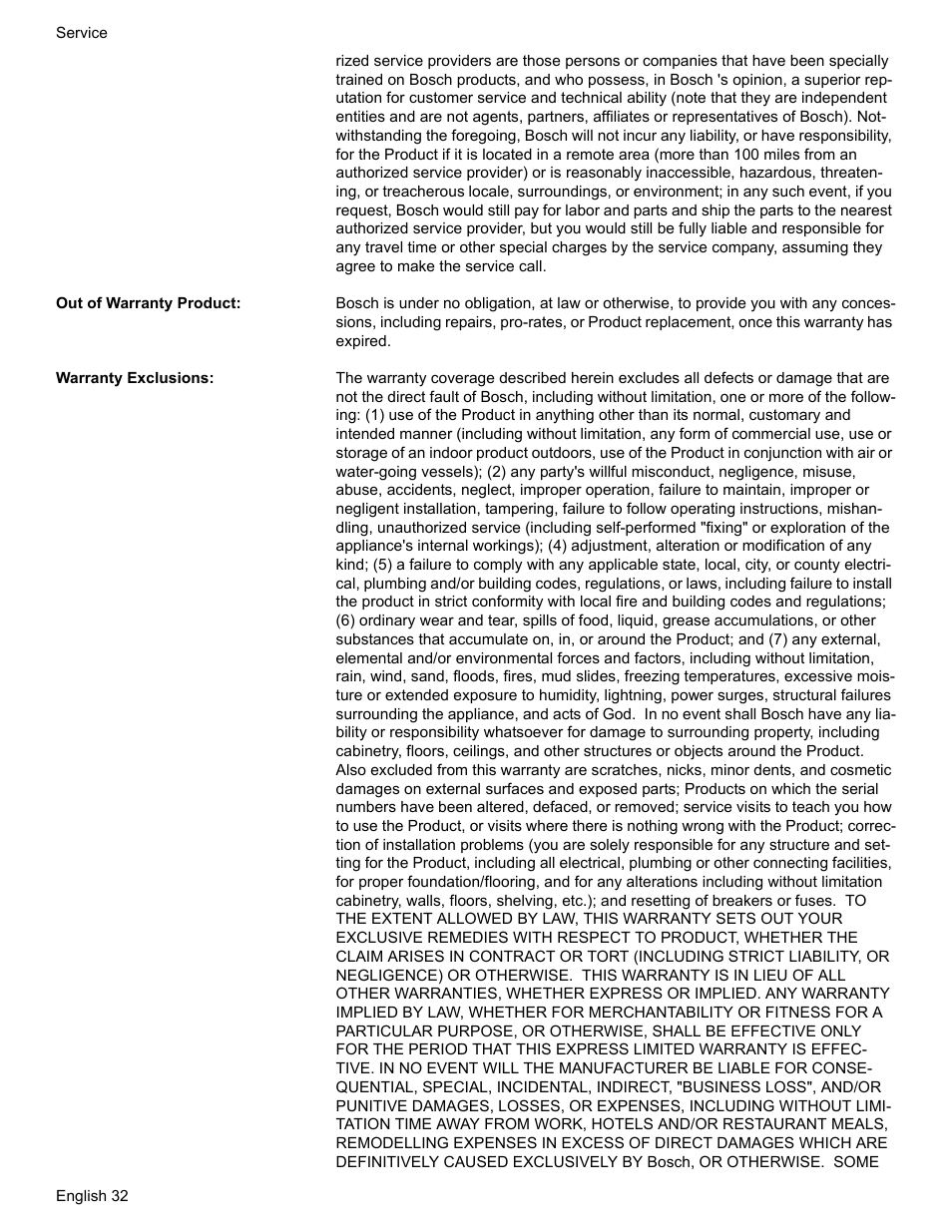 Out of warranty product, Warranty exclusions | Bosch BOSCH GAS RANGE User Manual | Page 34 / 112