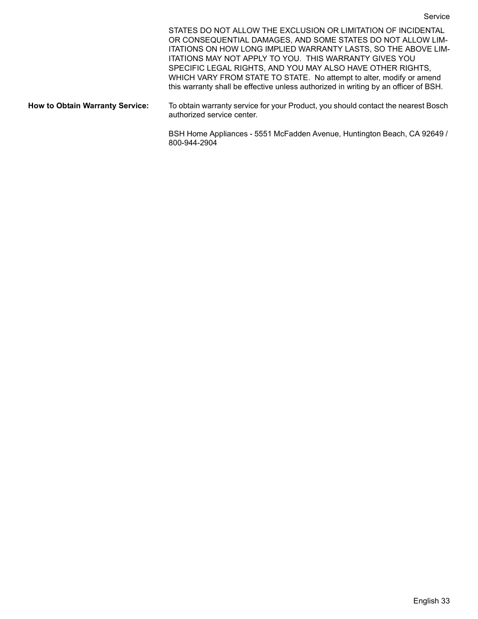 How to obtain warranty service | Bosch BOSCH GAS RANGE User Manual | Page 35 / 112