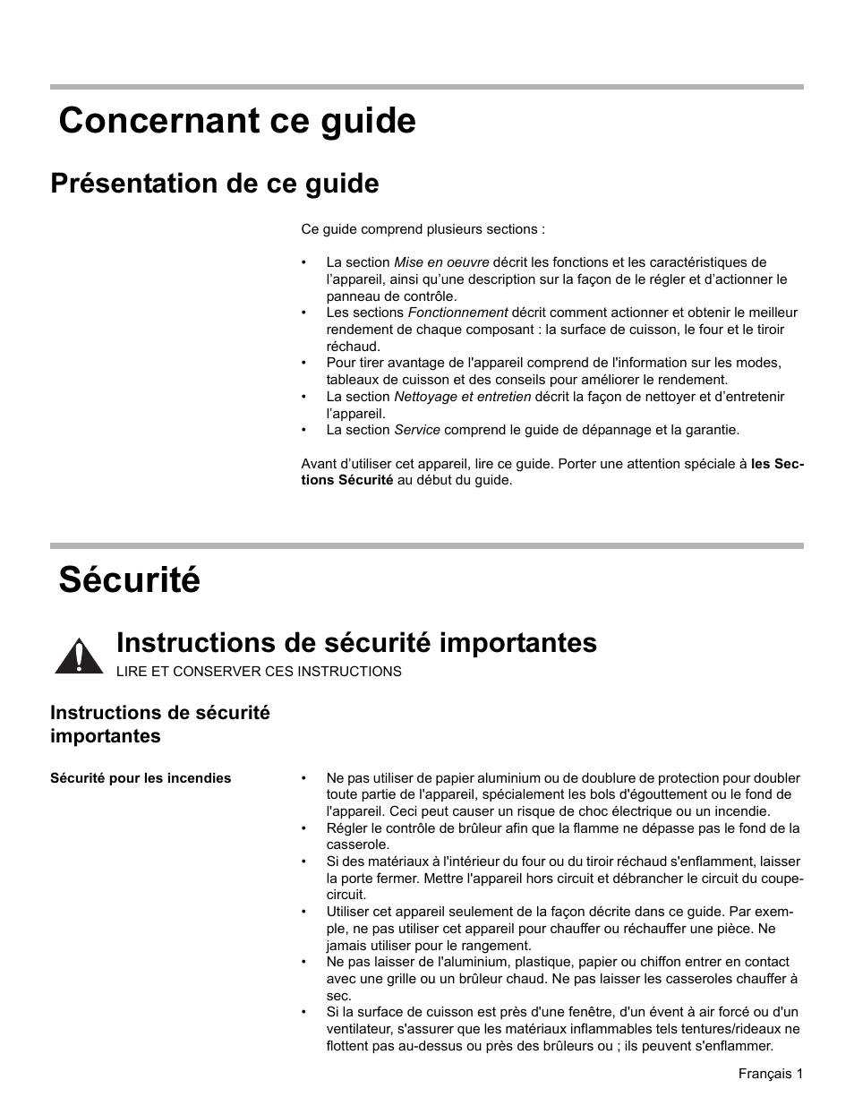 Concernant ce guide, Présentation de ce guide, Sécurité | Instructions de sécurité importantes, Sécurité pour les incendies, Concernant ce guide sécurité | Bosch BOSCH GAS RANGE User Manual | Page 37 / 112