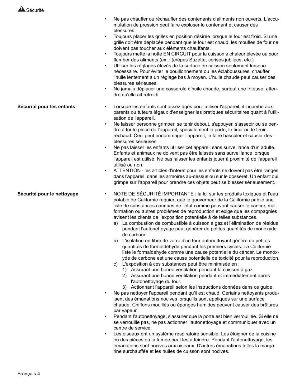 Sécurité pour les enfants, Sécurité pour le nettoyage | Bosch BOSCH GAS RANGE User Manual | Page 40 / 112