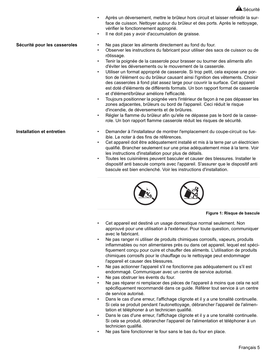 Sécurité pour les casseroles, Installation et entretien, Figure 1: risque de bascule | Bosch BOSCH GAS RANGE User Manual | Page 41 / 112