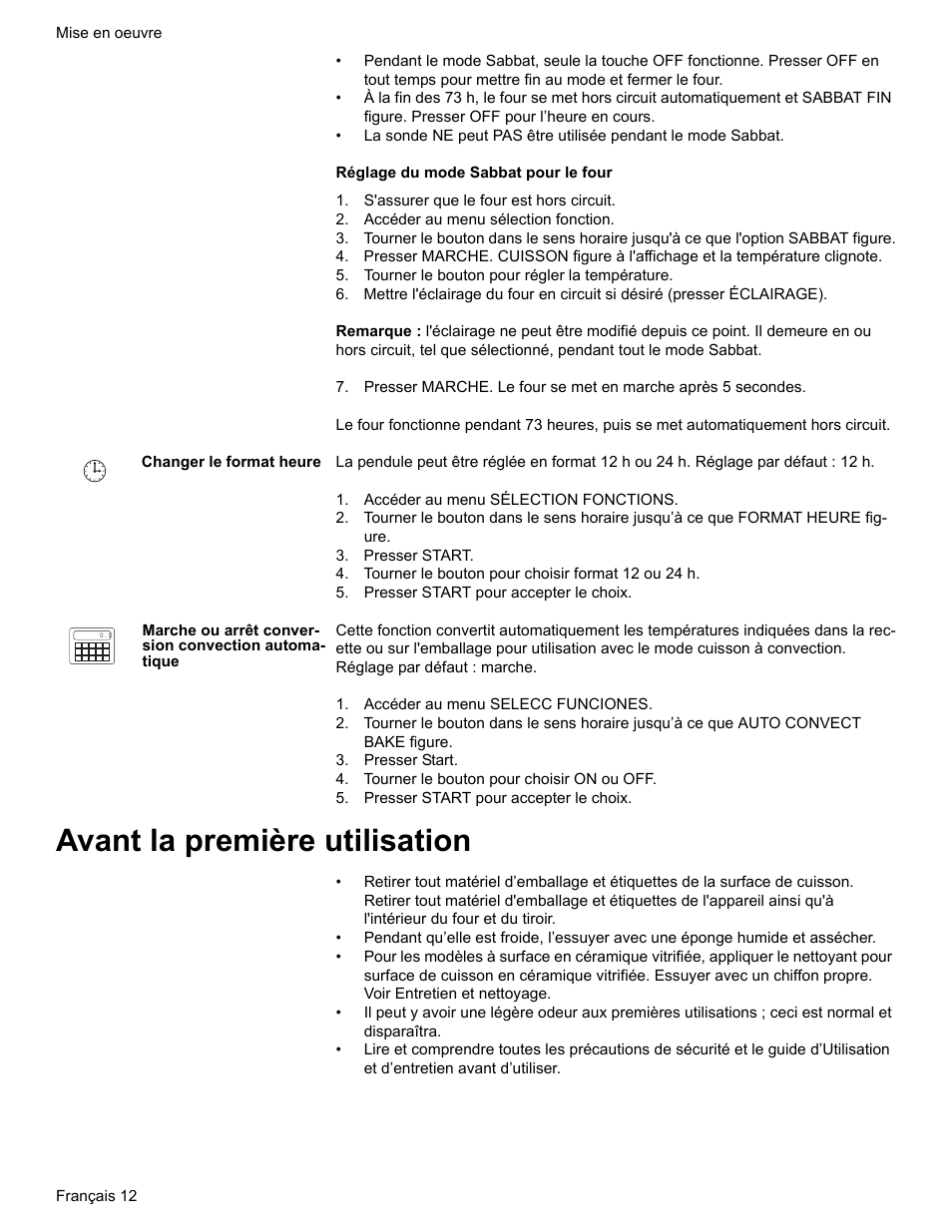 S'assurer que le four est hors circuit, Accéder au menu sélection fonction, Tourner le bouton pour régler la température | Changer le format heure, Accéder au menu sélection fonctions, Presser start, Tourner le bouton pour choisir format 12 ou 24 h, Presser start pour accepter le choix, Marche ou arrêt conversion convection automatique, Accéder au menu selecc funciones | Bosch BOSCH GAS RANGE User Manual | Page 48 / 112