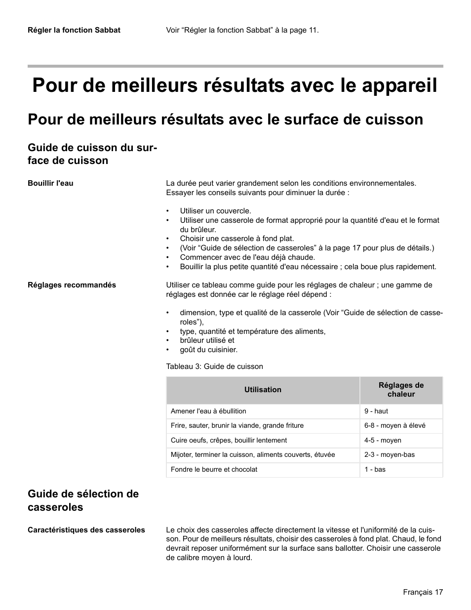 Régler la fonction sabbat, Pour de meilleurs résultats avec le appareil, Guide de cuisson du surface de cuisson | Bouillir l'eau, Réglages recommandés, Tableau 3: guide de cuisson, Guide de sélection de casseroles, Caractéristiques des casseroles, Guide de cuisson du sur- face de cuisson | Bosch BOSCH GAS RANGE User Manual | Page 53 / 112