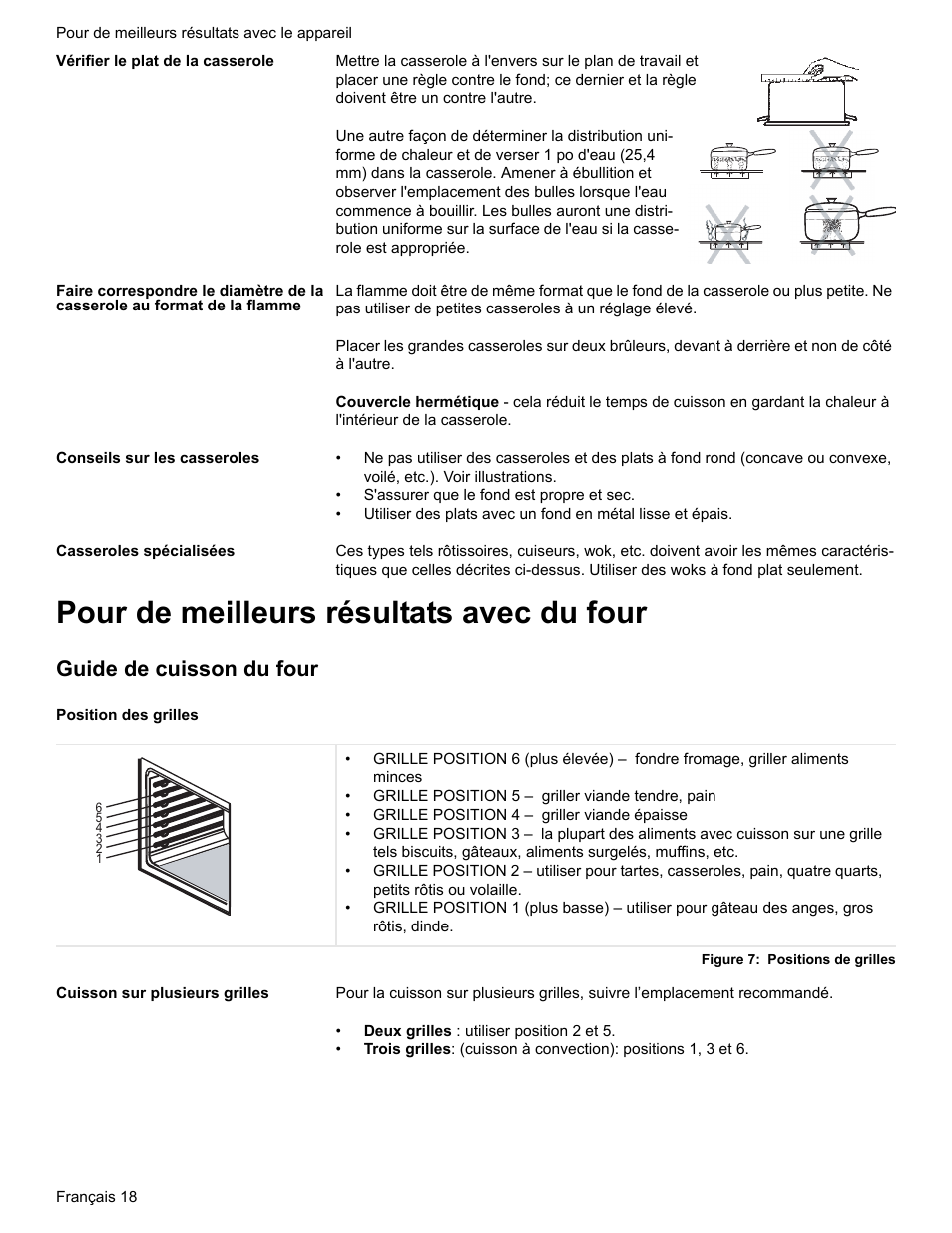 Vérifier le plat de la casserole, Conseils sur les casseroles, Casseroles spécialisées | Pour de meilleurs résultats avec du four, Guide de cuisson du four, Position des grilles, Figure 7: positions de grilles, Cuisson sur plusieurs grilles | Bosch BOSCH GAS RANGE User Manual | Page 54 / 112