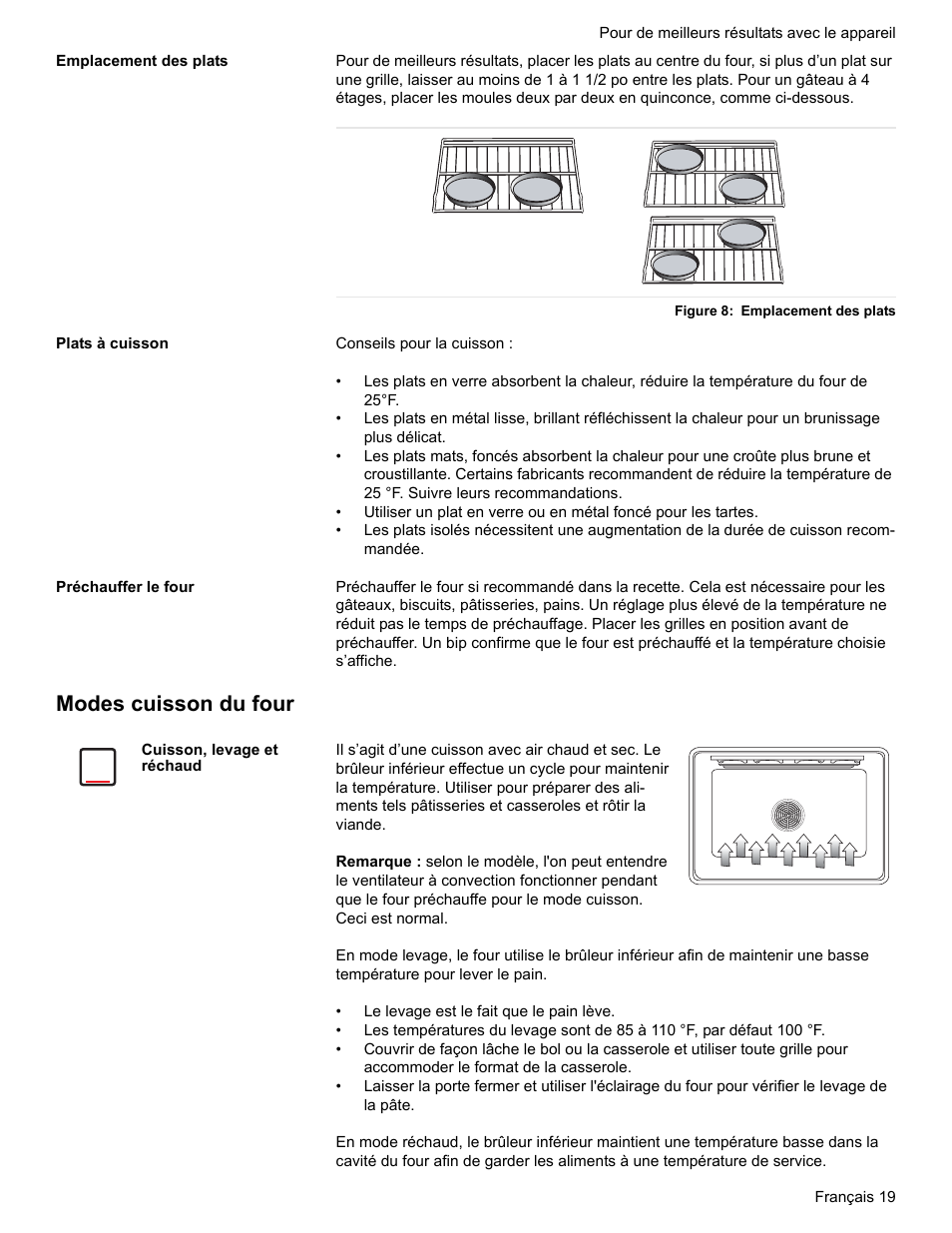 Emplacement des plats, Figure 8: emplacement des plats, Plats à cuisson | Préchauffer le four, Modes cuisson du four, Cuisson, levage et réchaud | Bosch BOSCH GAS RANGE User Manual | Page 55 / 112