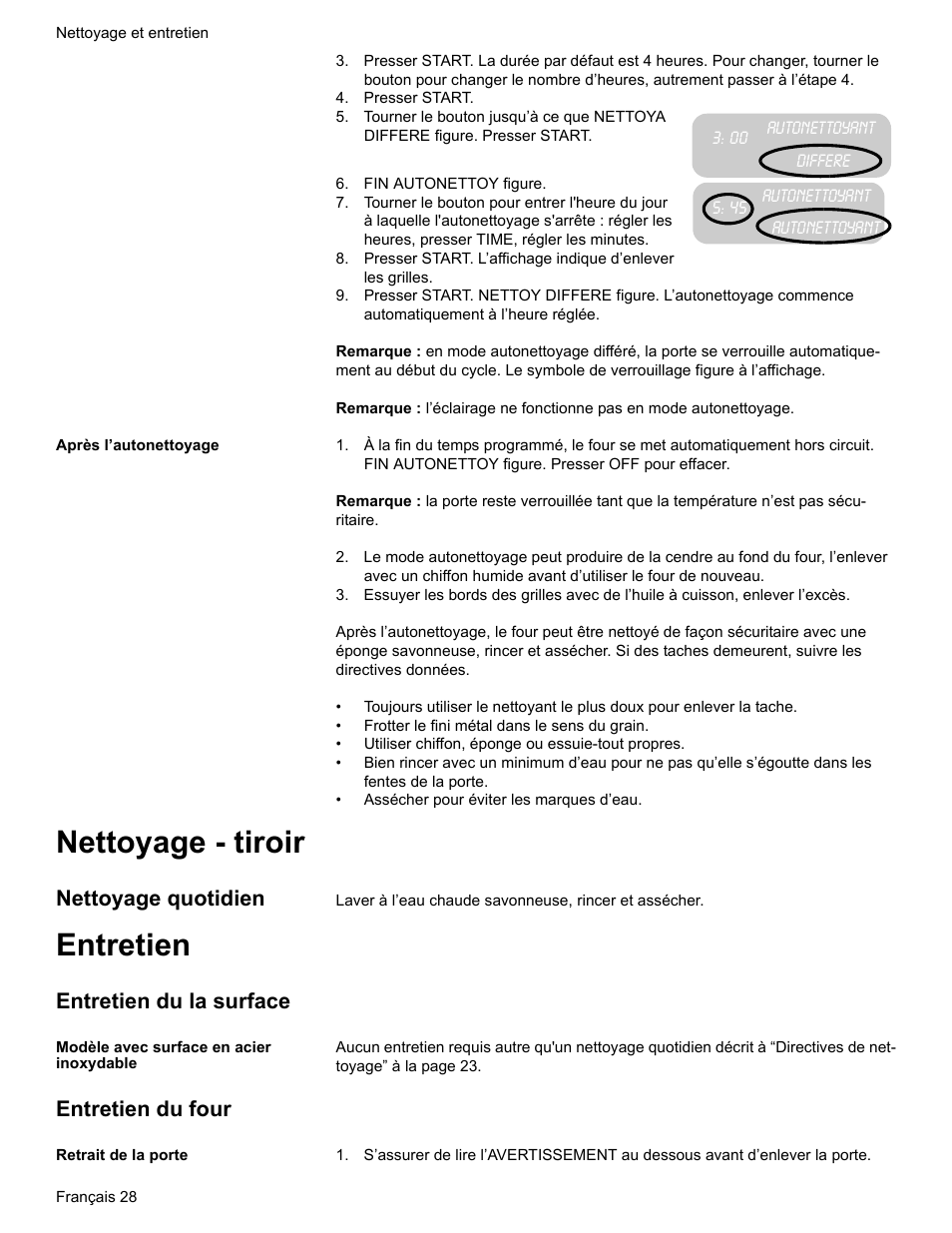 Presser start, Fin autonettoy figure, Autonettoyant | Après l’autonettoyage, Nettoyage - tiroir, Nettoyage quotidien, Entretien, Entretien du la surface, Modèle avec surface en acier inoxydable, Entretien du four | Bosch BOSCH GAS RANGE User Manual | Page 64 / 112