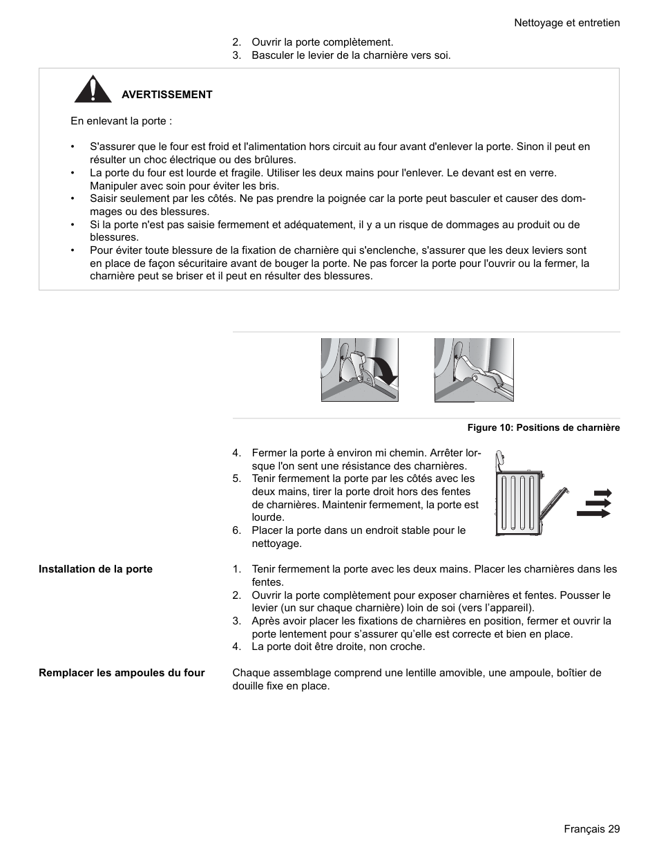 Ouvrir la porte complètement, Basculer le levier de la charnière vers soi, Figure 10: positions de charnière | Installation de la porte, La porte doit être droite, non croche, Remplacer les ampoules du four | Bosch BOSCH GAS RANGE User Manual | Page 65 / 112