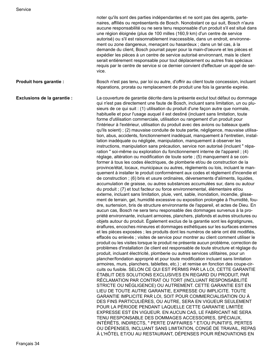 Produit hors garantie, Exclusions de la garantie | Bosch BOSCH GAS RANGE User Manual | Page 70 / 112