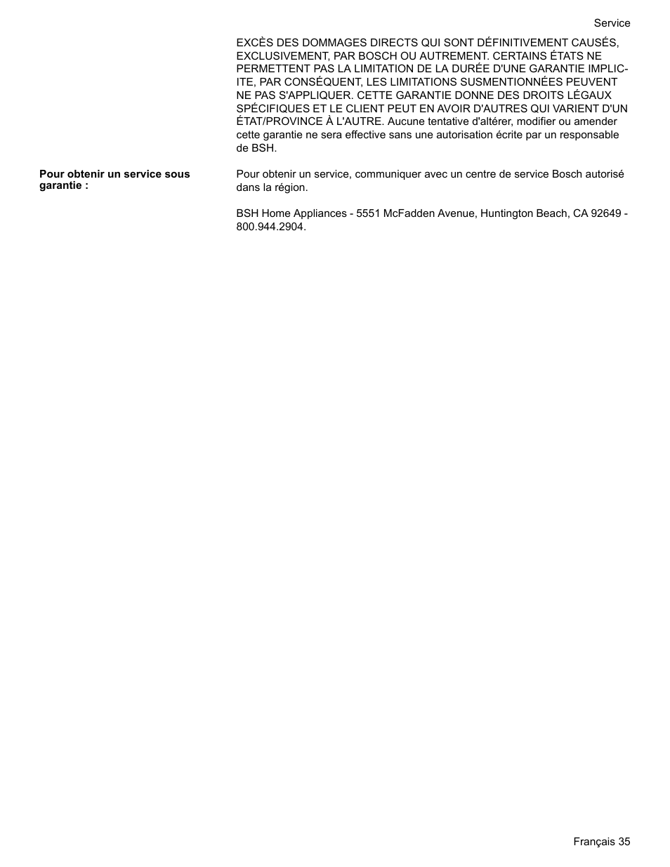 Pour obtenir un service sous garantie | Bosch BOSCH GAS RANGE User Manual | Page 71 / 112