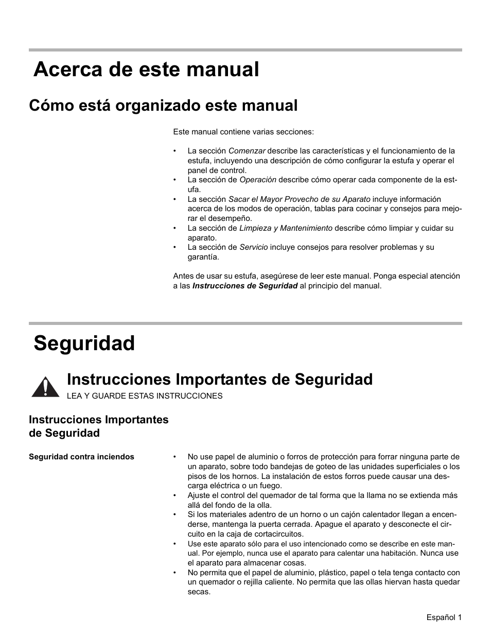 Acerca de este manual, Cómo está organizado este manual, Seguridad | Instrucciones importantes de seguridad, Seguridad contra inciendos, Acerca de este manual seguridad | Bosch BOSCH GAS RANGE User Manual | Page 73 / 112