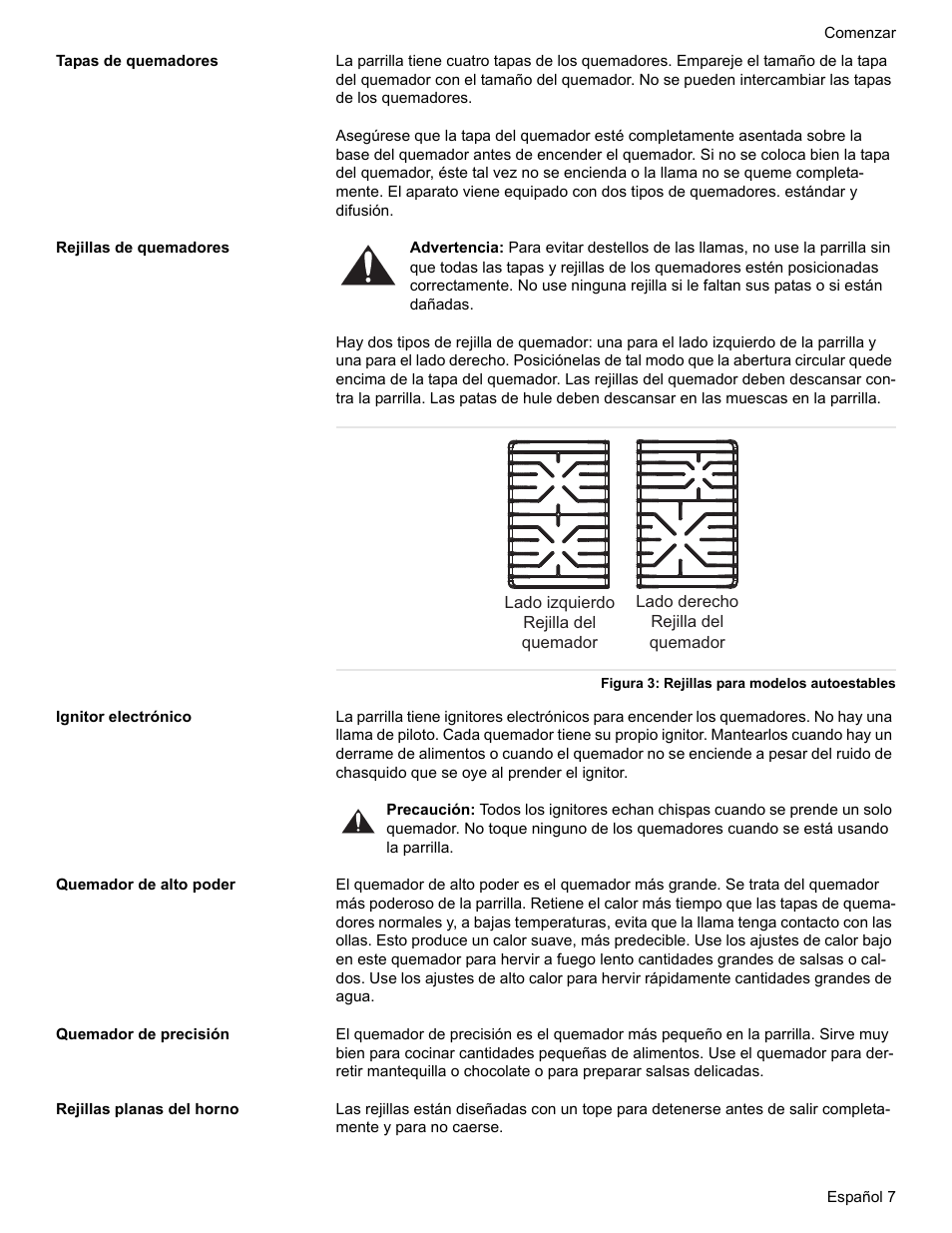 Tapas de quemadores, Rejillas de quemadores, Figura 3: rejillas para modelos autoestables | Ignitor electrónico, Quemador de alto poder, Quemador de precisión, Rejillas planas del horno | Bosch BOSCH GAS RANGE User Manual | Page 79 / 112