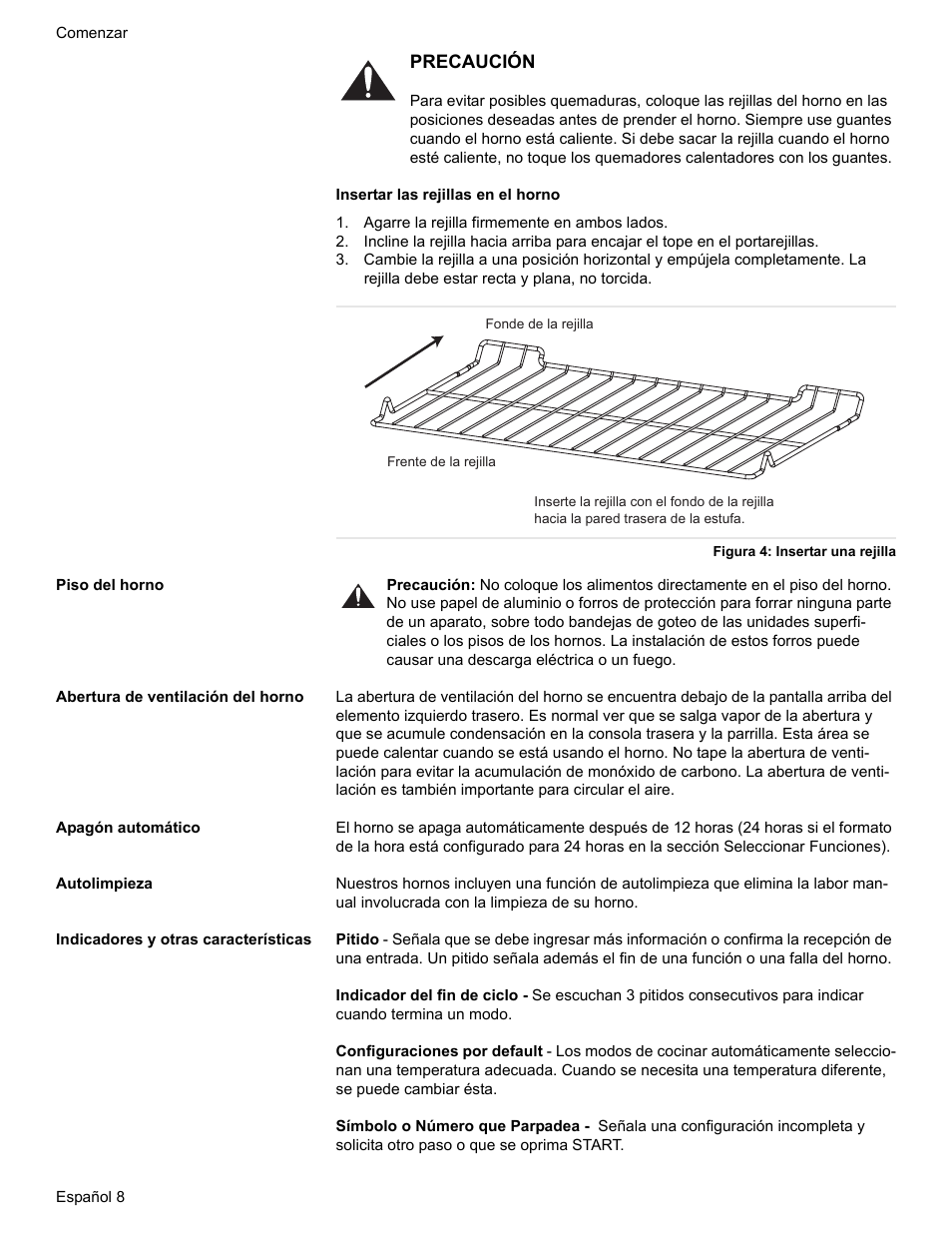 Agarre la rejilla firmemente en ambos lados, Figura 4: insertar una rejilla, Piso del horno | Abertura de ventilación del horno, Apagón automático, Autolimpieza, Indicadores y otras características | Bosch BOSCH GAS RANGE User Manual | Page 80 / 112